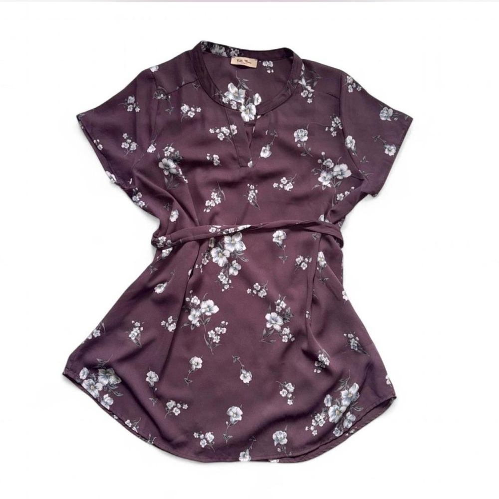 Full Moon Maternity Purple Floral Tie-Back Short Sleeve Tunic Blouse Large